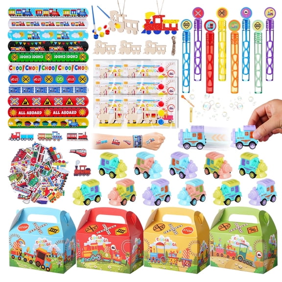 Vanblue 122Pcs Train Party Favors Birthday Themed Party Decoration Choo Choo Party Supplies Pull-back Vehicle Toys Gift for Boys Treat Gift Bags Stuffers Pinata Filler Classroom Rewards C113