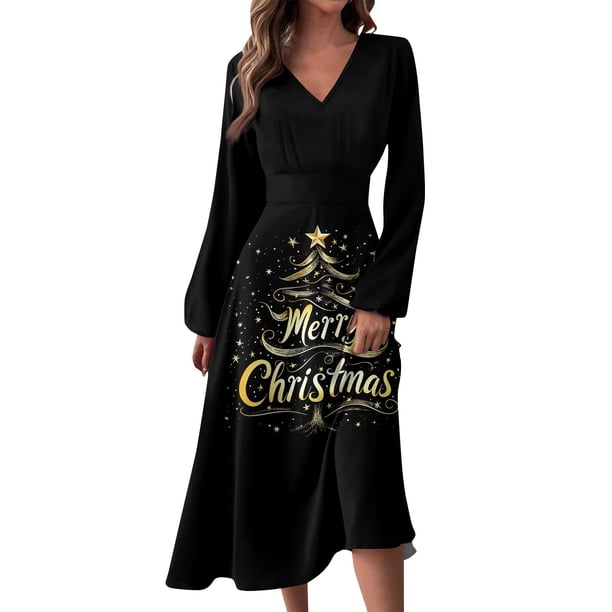 casual winter dress design Women's V-Neck Long Sleeve Print Long with Christmas Tree Snowman Snowflake AI Design, Fashion Fall and Dress for Holiday Parties and Everyday,Gold,M Zolique Split Thigh Tube yr21 DETAIL Made from soft Size:22 Petite Curve