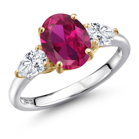 Gem Stone King 925 Silver and 10K Yellow Gold Red Created Ruby and White Moissanite Engagement Ring for Women | 2.80 Cttw | Oval 9X7MM | Gemstone July Birthstone | Size 8