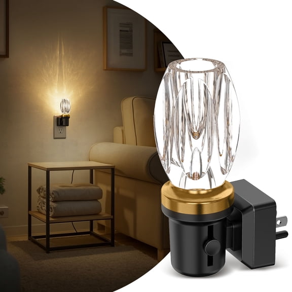 YANSUN Black & Brass 1-Watt Integrated LED Plug in Night Light withHexagonal Crystal Shade, Amber 2700K, Slide Dimmable, Dusk to Dawn, 1-Pack