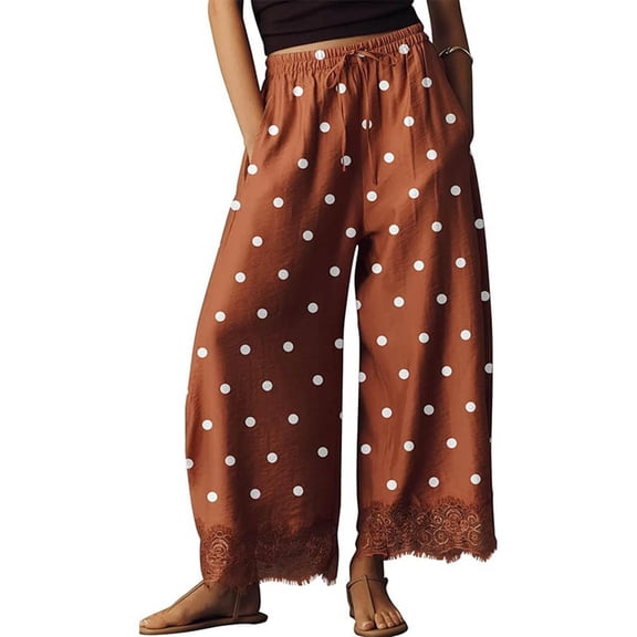 Resicozy Cropped Lace Hem Leg Pants for Women Polka Dot Summer High Waist Balloon Lightweight Beach Trousers with Pockets Light Brown M