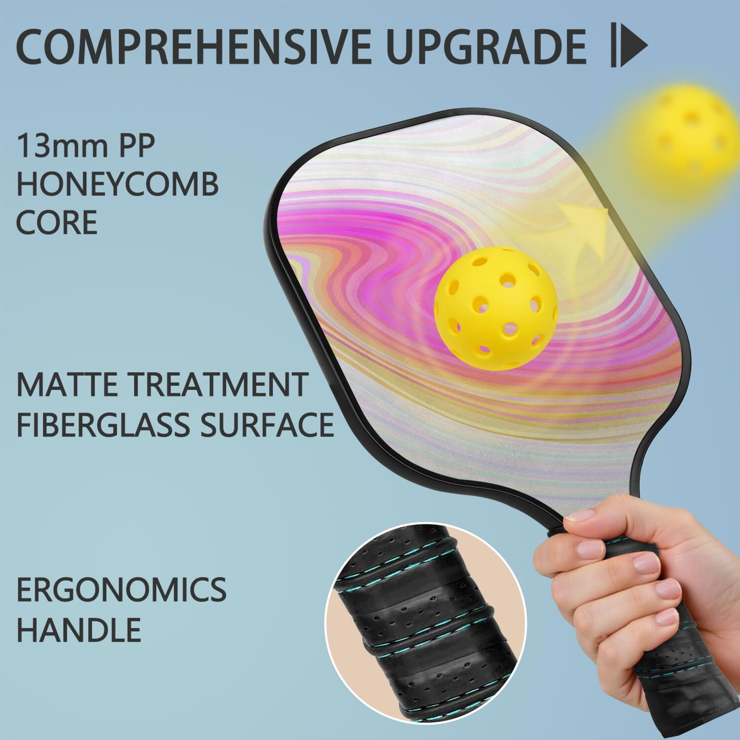 Pickleball Paddles Set Of 2, Fiberglass Surface, Liquid & Marble Print, 4 Balls & Bag