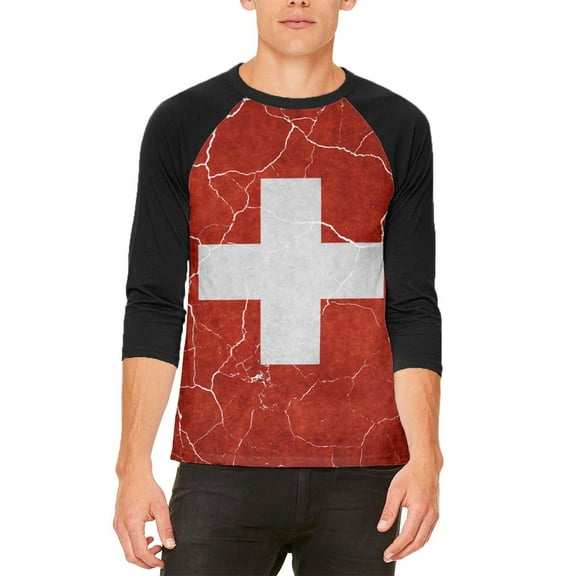 Distressed Swiss Flag Mens Raglan T Shirt White-Black X-LG