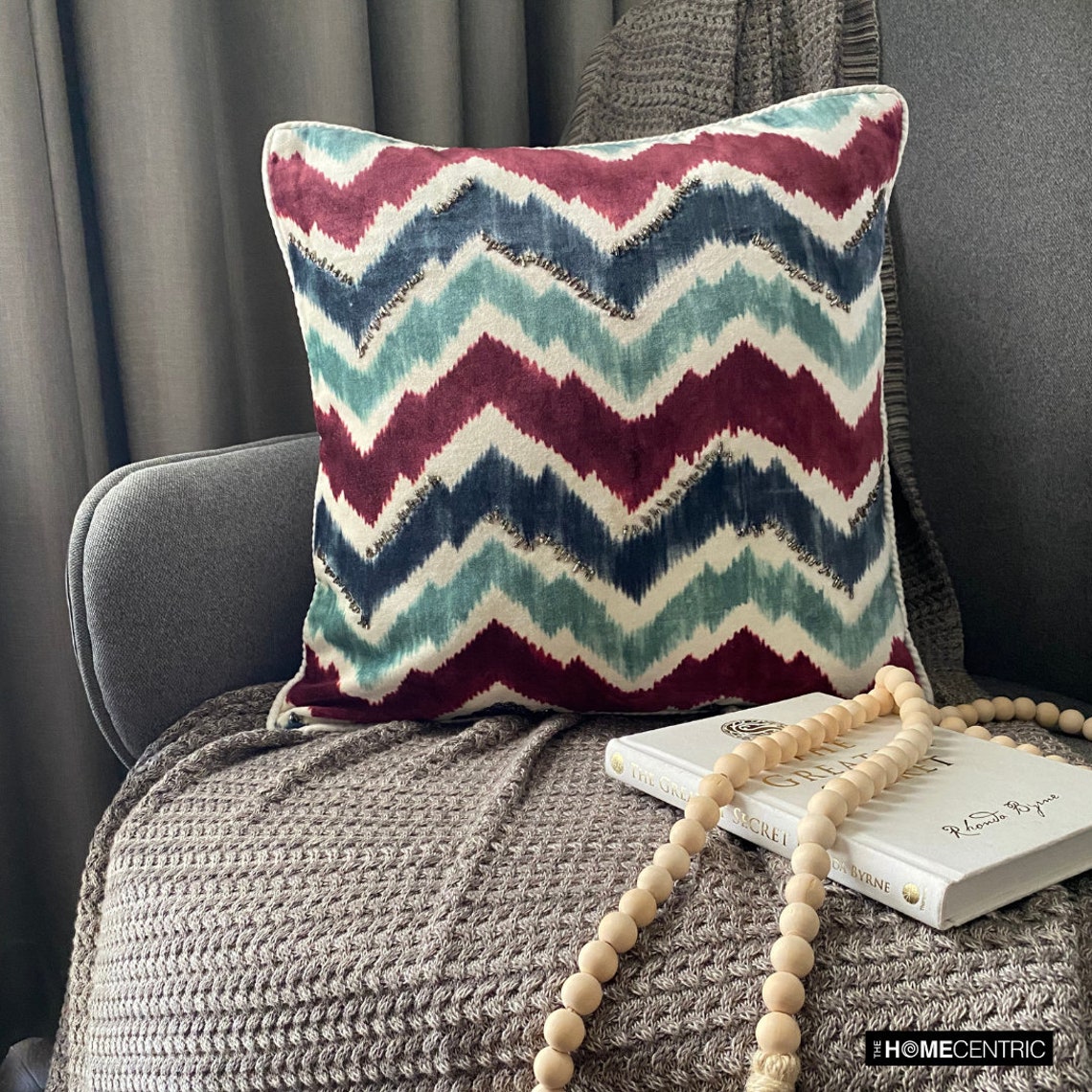 The HomeCentric Decorative Throw Pillow covers Blue 14"x14" (35x35 cm) Velvet Printed, Chevron, Bead Embroidery Outdoor furniture Cushion cover, Chevron Modern Style - Chevron Groove