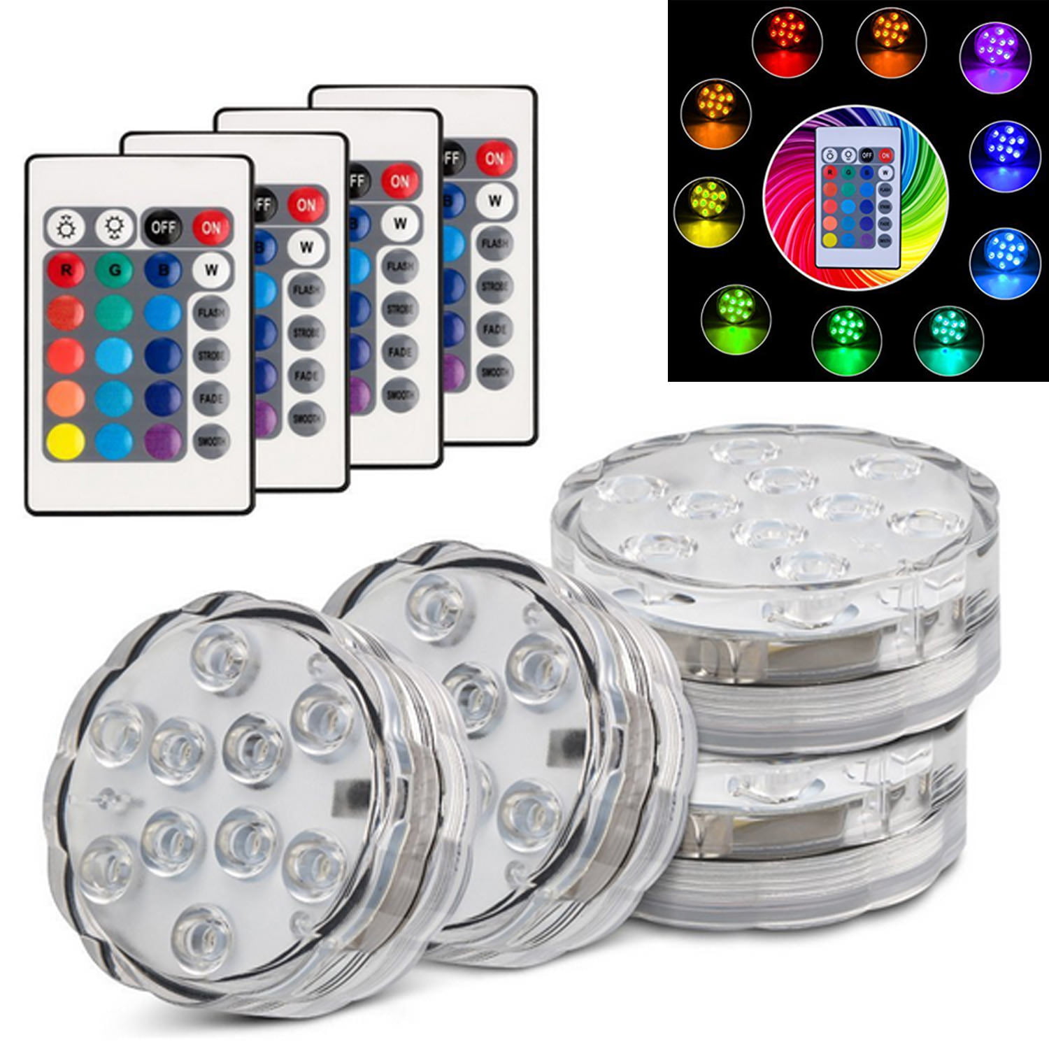 4Packs Multi Color Submersible Led Lights Remote Controlled Underwater Lights 