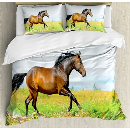 Equestrian Bedding - Equestrian Duvet Cover Set, Horse Runs Gallop on Flower Meadow Rural Freedom Animal Picture, Decorative Bedding Set with Pillow Shams, Baby Blue Apple Green Brown, by Ambesonne
