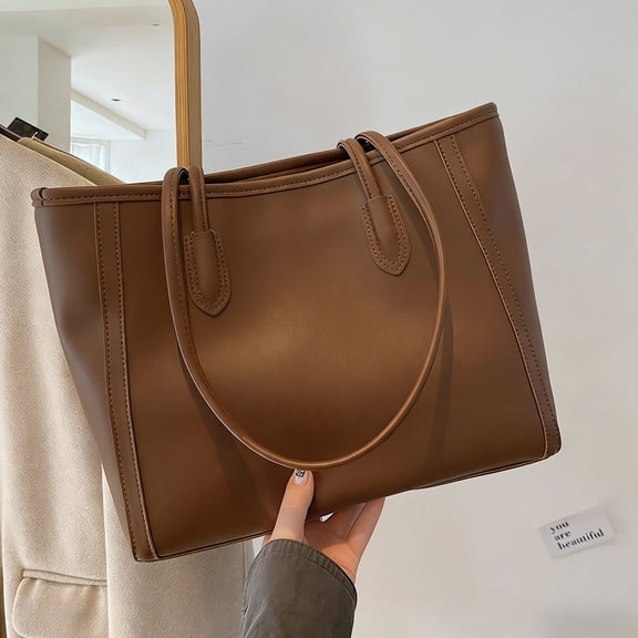Premium Leather Commuter Handbags, 14.5 Inch Versatile Shoulder Tote Bags for Women, Solid Color Casual Zipper Purses for Spring Office Work Travel Daily Storage