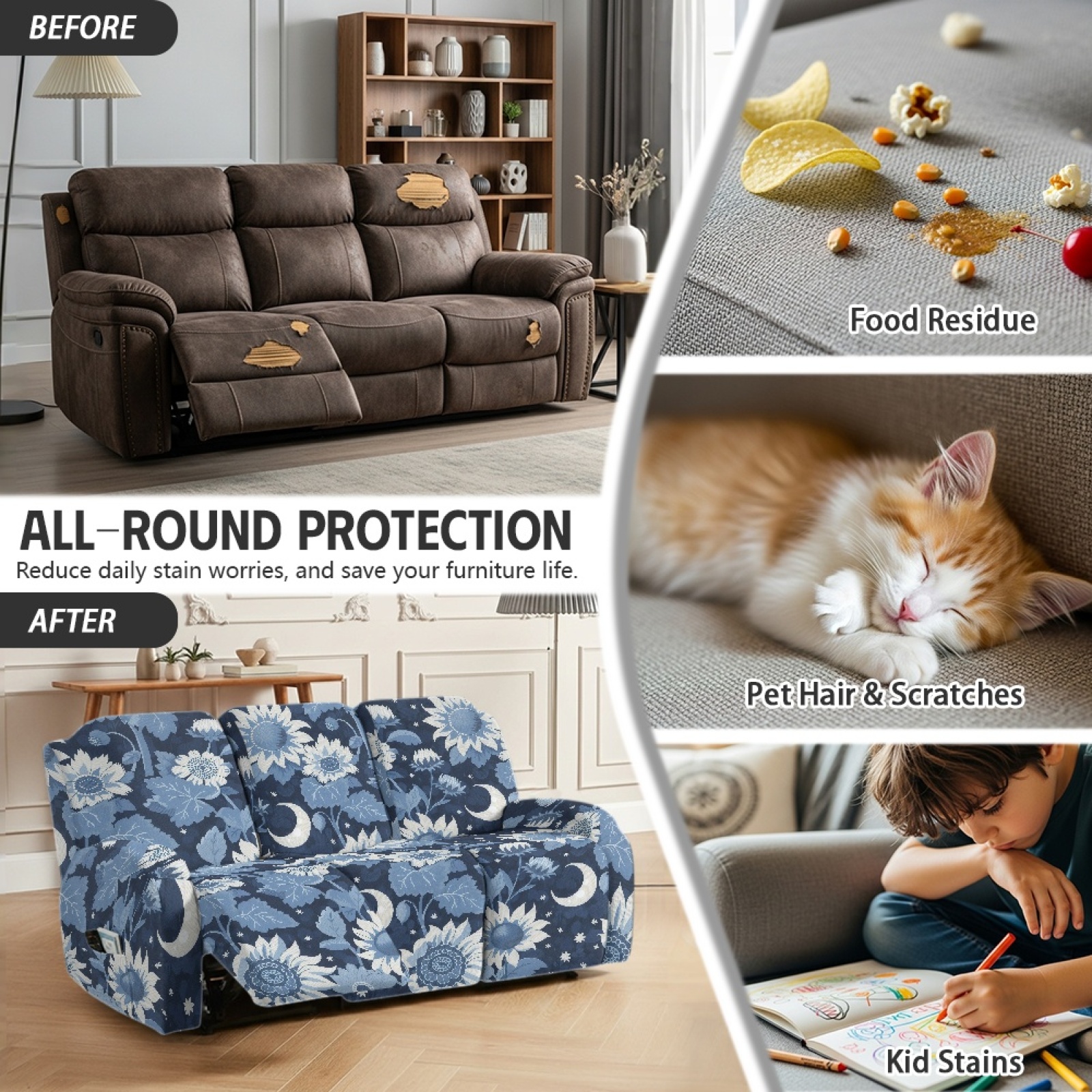 COEQINE Cover for Recliner Chair Stretch Reclining Sofa Cover 8 Pieces Recliner Cover for 3 Cushion Reclining Sofa Stay in Place Furniture Protector, Blue Floral Moon