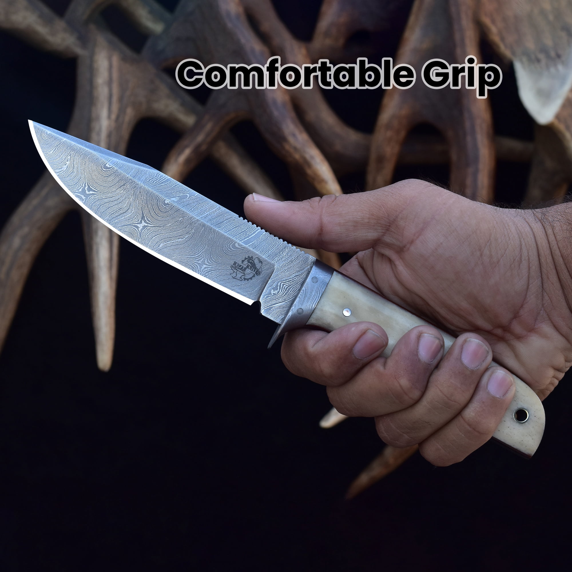 Knives Ranch 2151 Damascus Steel Hunting Knife with Bone Handle – Fixed Blade Utility Knife, Razor Sharp Camping & Outdoor EDC Knife