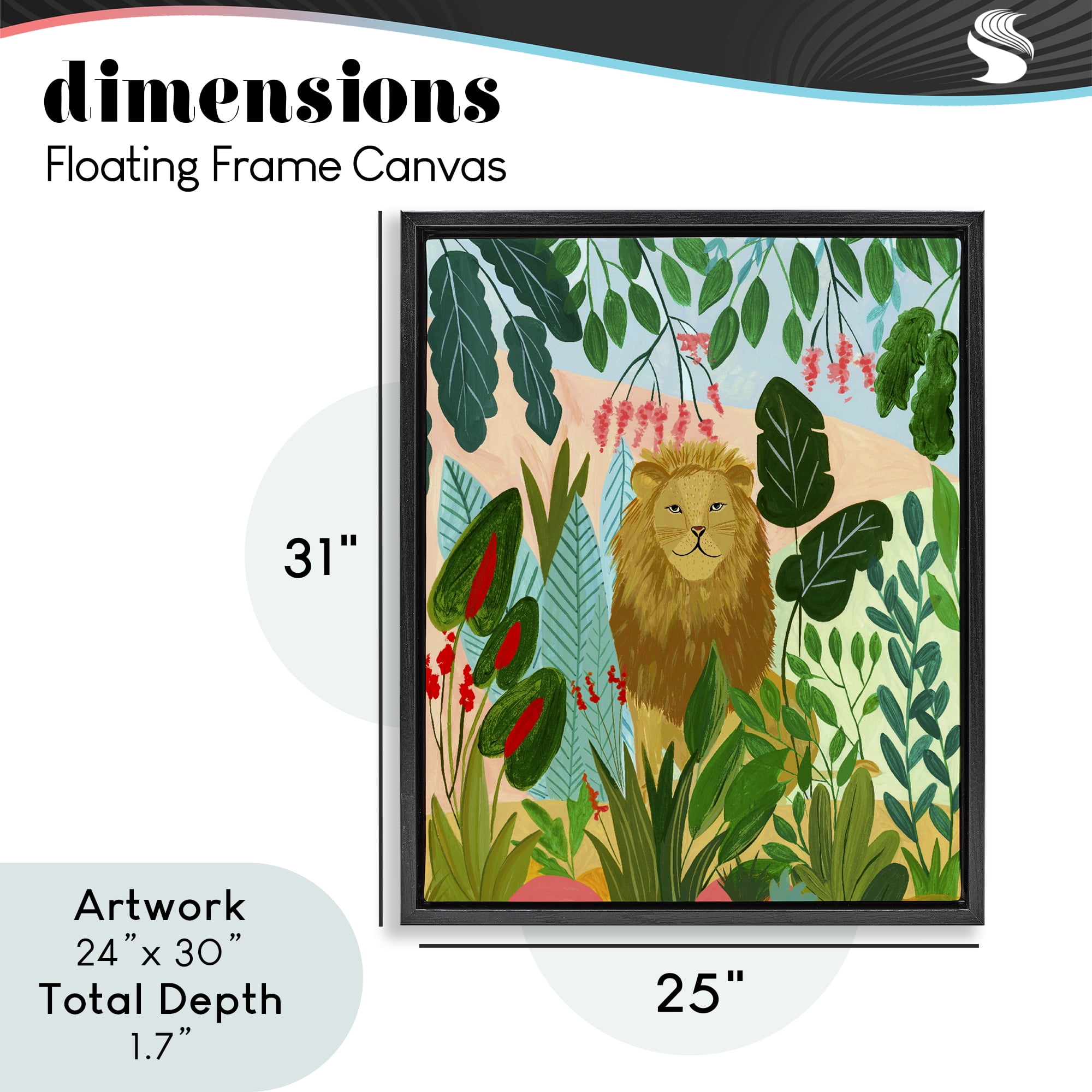 Stoic Lion Tropical Forest Black Framed Floater Canvas Wall Art, design by Nabeela Rumi