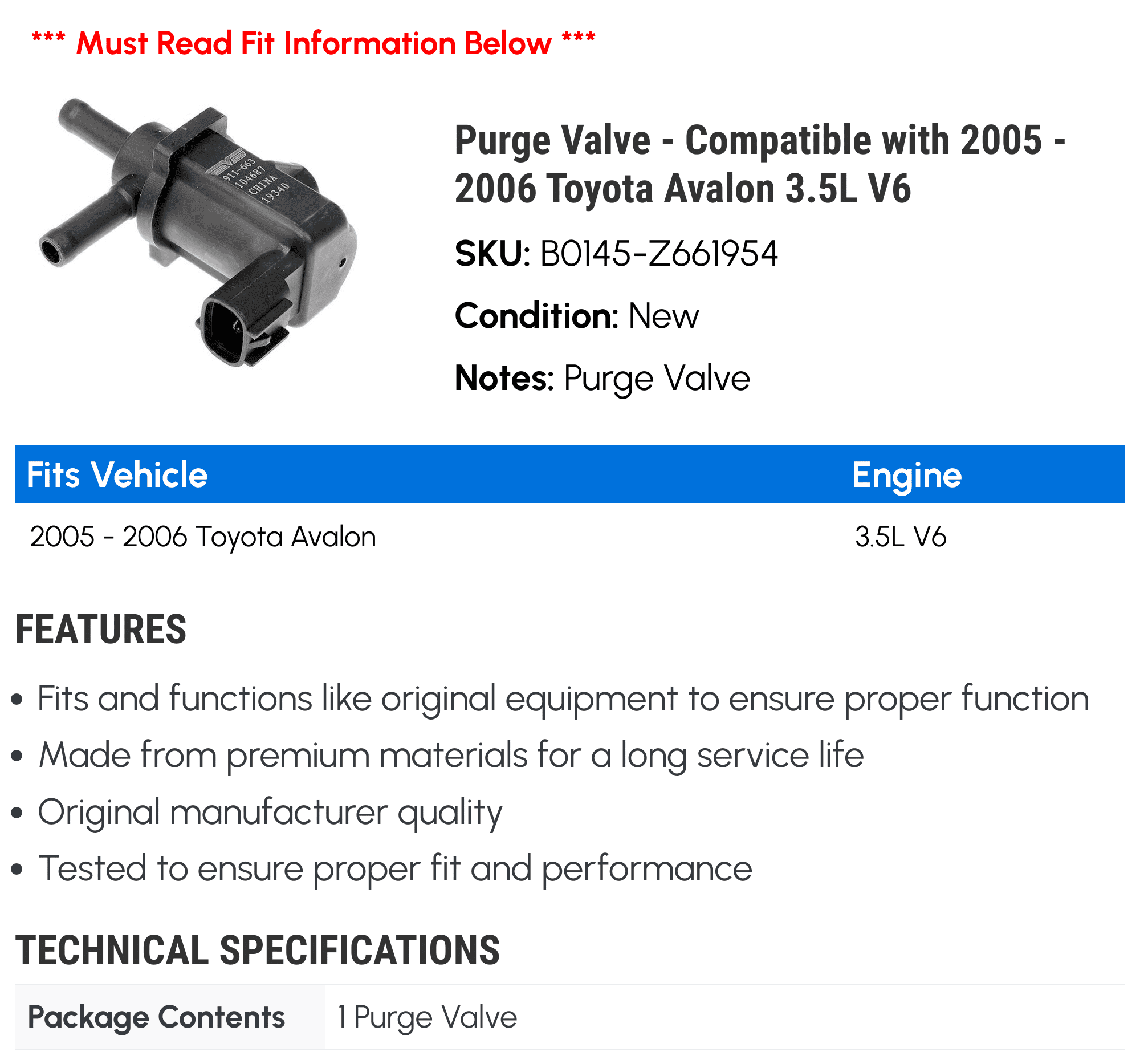 Purge Valve - Compatible with 2005 - 2006 Toyota Avalon 3.5L V6