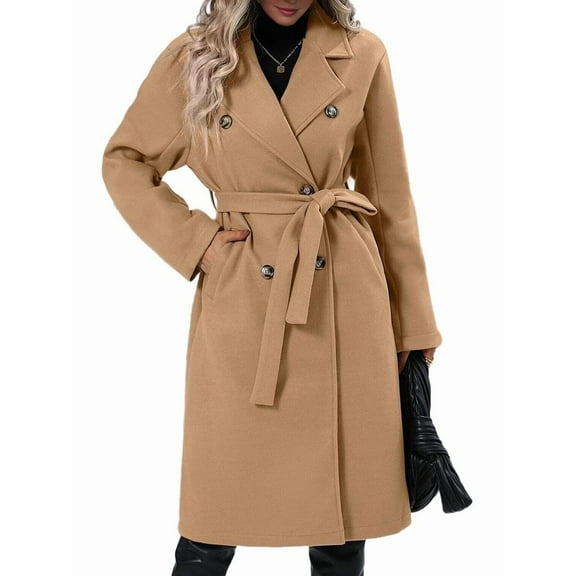 Women'S Wool Pea Coat Double Breasted Fleece Trench Coat Mid Long Winter Wool Blend Overcoat Dressy Outfit Khaki S