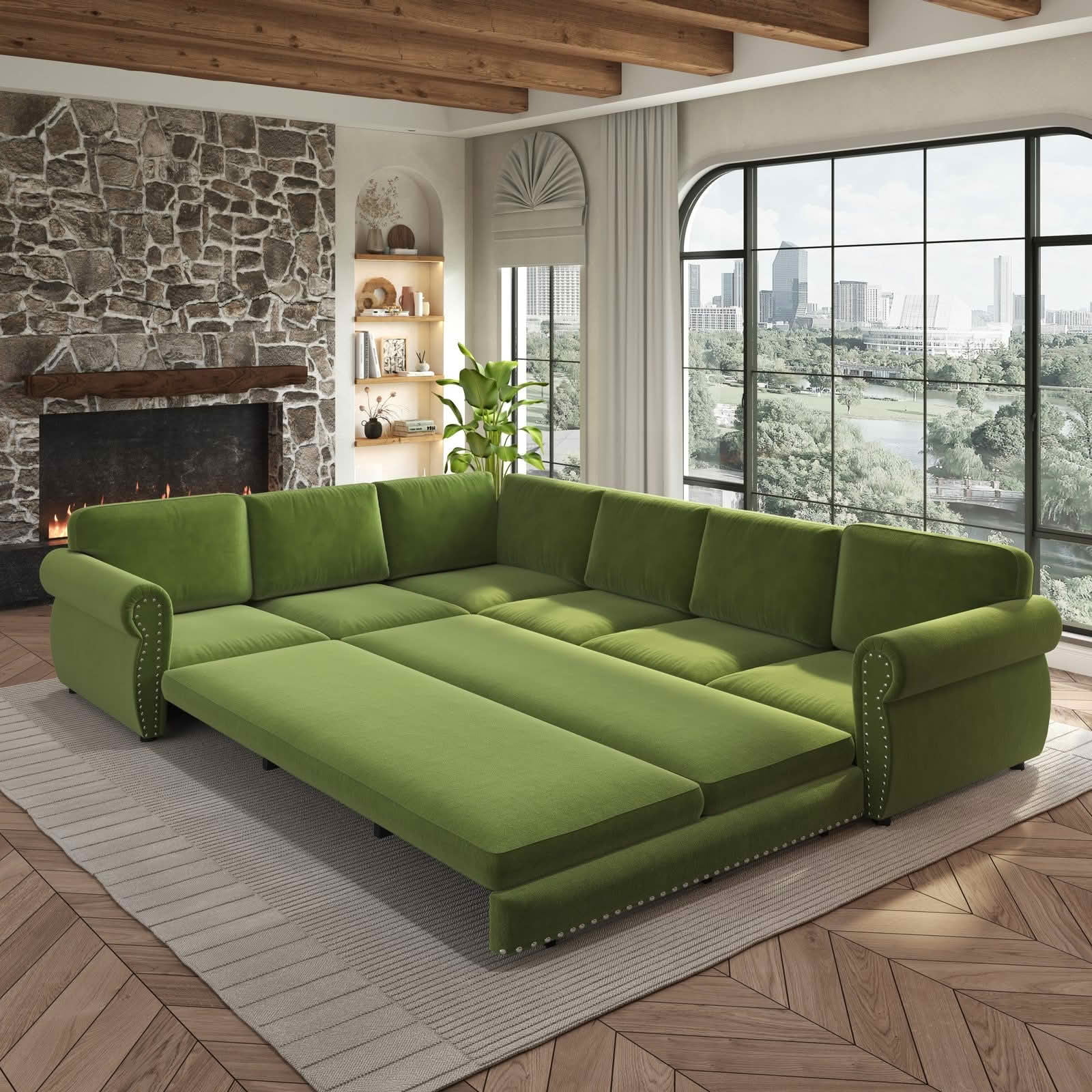MAYEERTY 118" L‑Shaped Convertible Pull‑Out Sofa Bed, Chenille Sectional Couch with Nailhead Trim & Rolled Arms, Oversized Multifunctional Sleeper Sofa