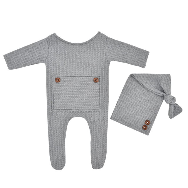 EDFBUYKRS Baby Photography Prop Footed Romper Button Overalls Hat Set