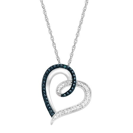 Heart Pendant Necklace with Blue and White Diamonds in Sterling Silver, 18