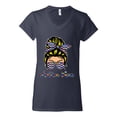 thumbnail image 3 of Autism Awareness Mom Life Messy Hair Bun | Cool Support Neon Print Bandana Mother's Day Women’s Standard V-Neck Tee, Navy, Small, 3 of 5