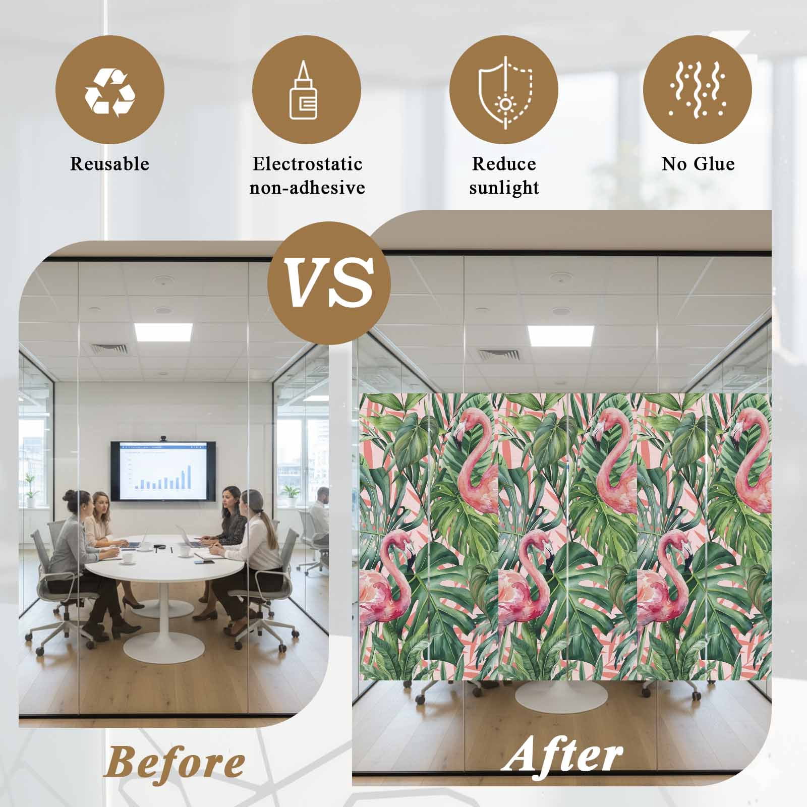 Pink Flamingo Window Privacy Film, Country Tropical Animal Green Monstera Leaf Plant Farm Frosted Glass Window Clings Static Cling UV Heat Blocking Reusable Door Sticker for Bathroom 23.6 x 59 Inch