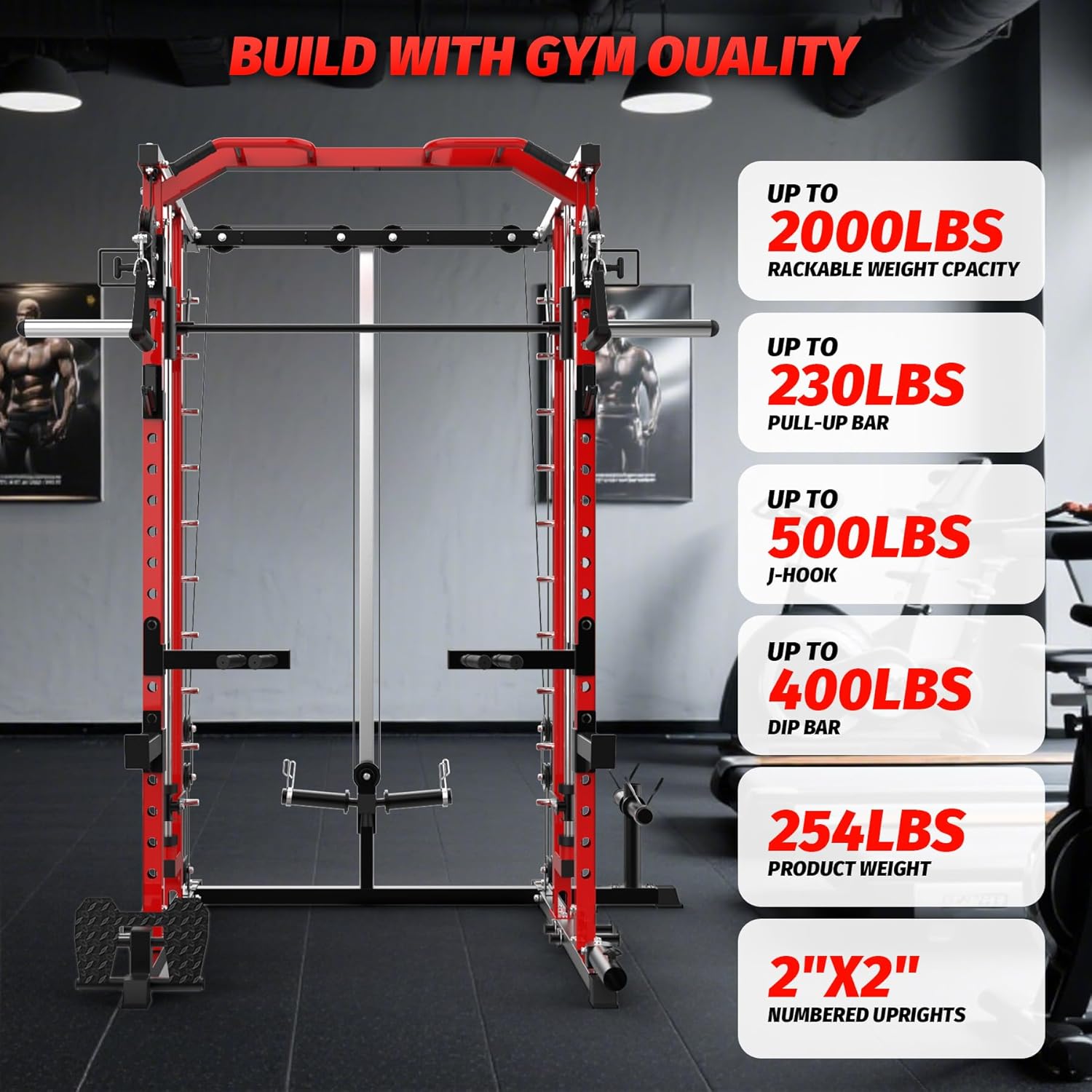 Smith Machine,Smith Machine Squat Rack with Pulley System, Dip Bar, LAT Pulldown,1700LBS Multi-Functional Power Cage for Home Gym with More Workout Equipment