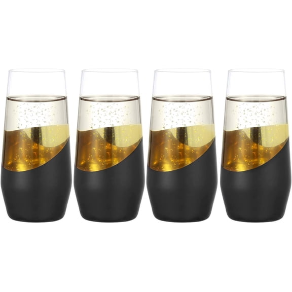 MyGift Black and Gold Plated Stemless Champagne Flute, Modern Party Drinking Glasses, 11 oz, Set of 4