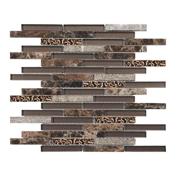 Modket TDH332NS Brown Emperador Dark Marble Stone Glass Rose Gold Trim Mosaic Tile Backsplash