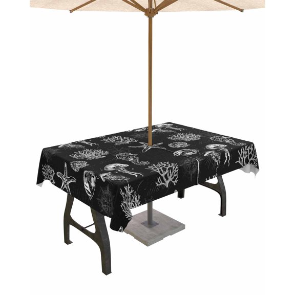 Outdoor Tablecloth with Umbrella Hole for Patio/Picnic/Party/Camping, Black Coastal Waterproof Table Cloth Rectangle Table Cover Washable, Nautical Starfish Jellyfish Seahorse 52"x 70"