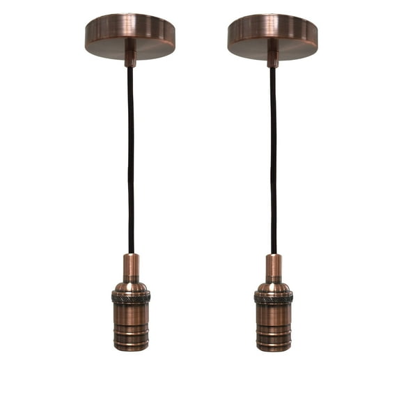 Royal Designs Vintage-Style Antique Copper Keyless Pendant Light Socket and Canopy with Brown Rayon Fabric Cord, Set of 2