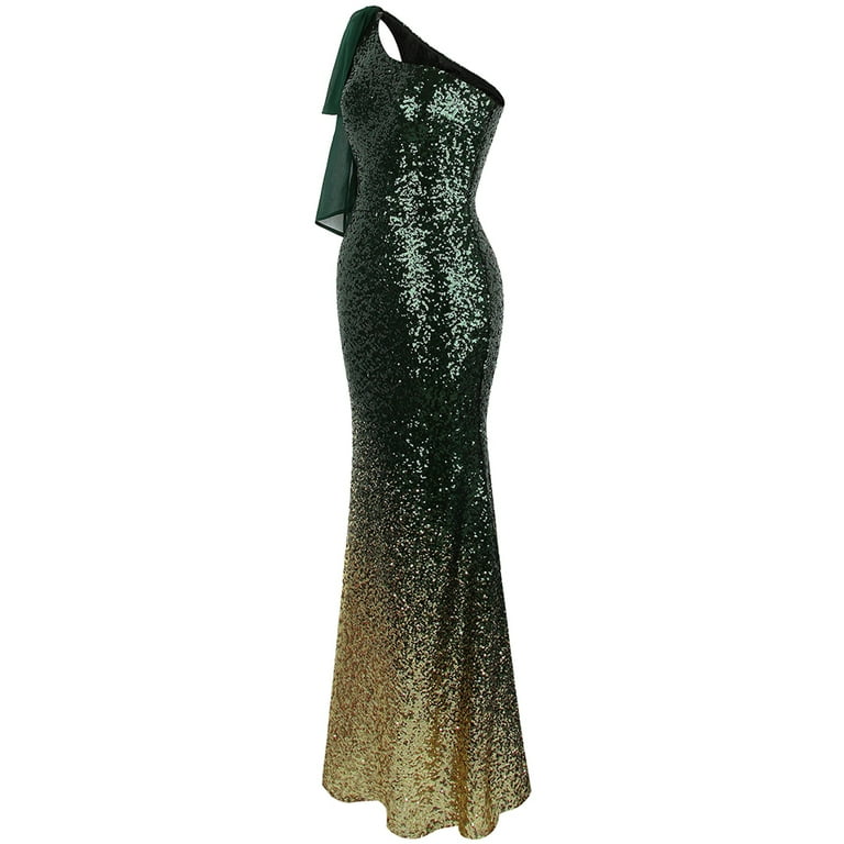 Angel-fashions Women's Asymmetric Ribbon Gradual Sequin Mermaid Prom Dress  Vintage Elegant Formal Long Bodycon Dresses Evening Party Tube Top Prom Gown  Wedding Bridesmaid Maxi Skirt Green XX-Large