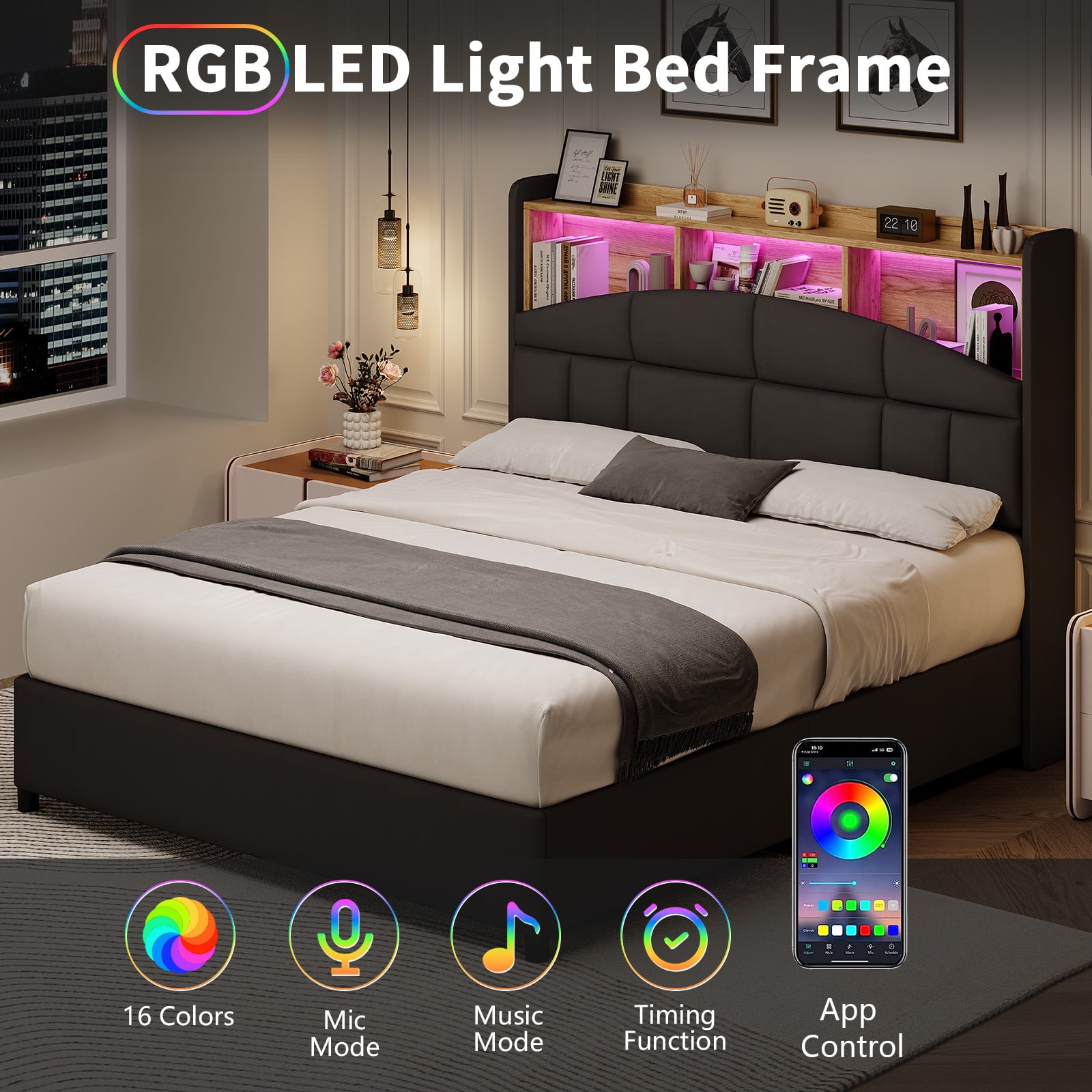 4 EVER WINNER Full Bed Frame with Storage Headboard, Velvet Upholstered Platform Bed Frame with LED Light, Black