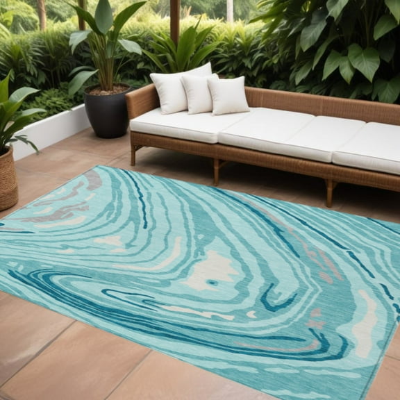 HomeRoots 601311 8 x 10 ft. Turquoise, Teal Blue & Gray Abstract Washable Indoor & Outdoor Rectangle Area Rug