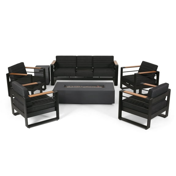 Negley Aluminum Outdoor 7 Seater Chat Set with Fire Pit, Black, Natural and Dark Gray