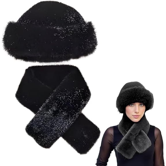 Winter Fuzzy Hat and Scarf Set for Women, Faux Fur Collar Wrap Scarf Plush Warm Beanies Cap for Cold Weather