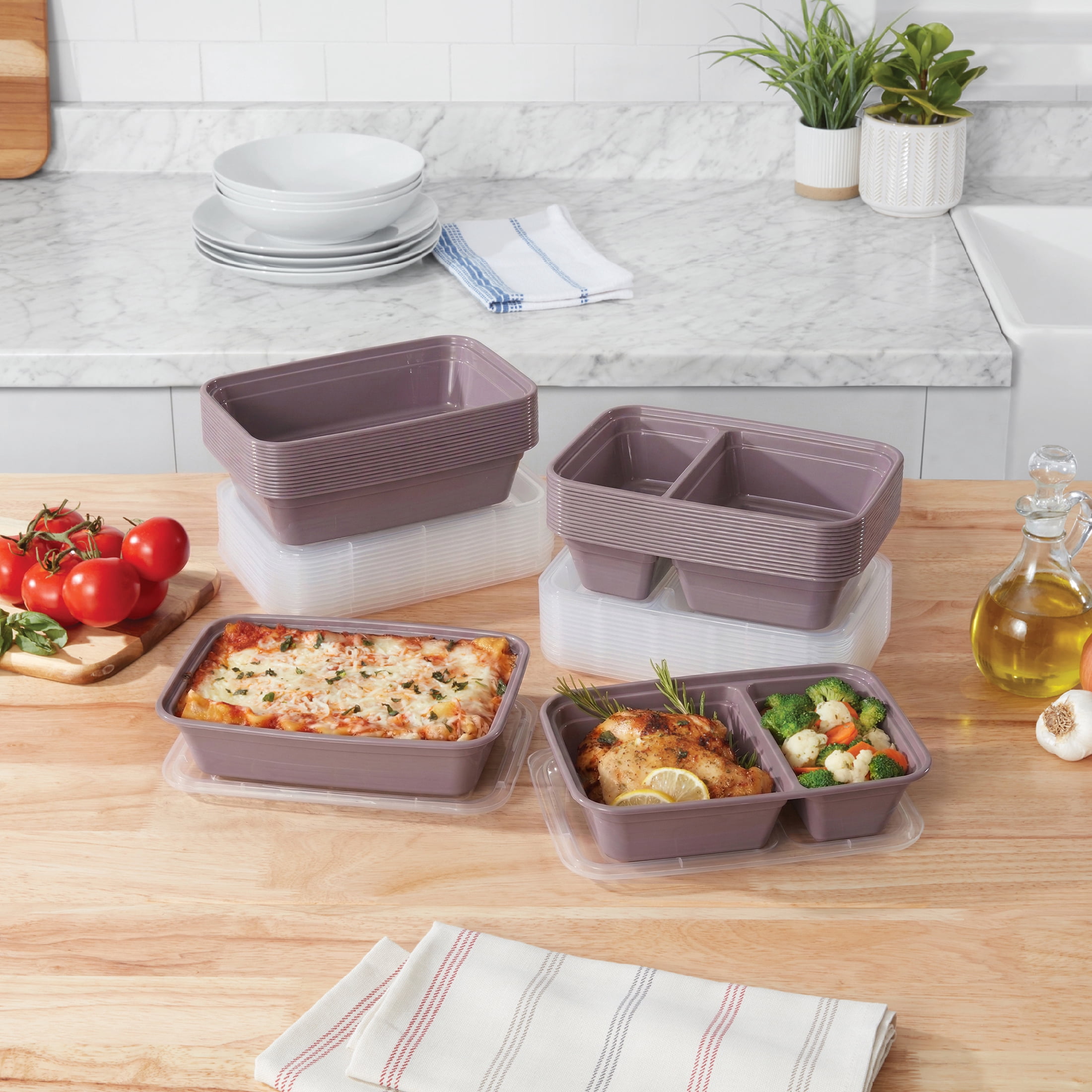 Mainstays 60-Piece BPA-Free Plastic Meal Prep Food Storage Container Set, Lilac Bloom