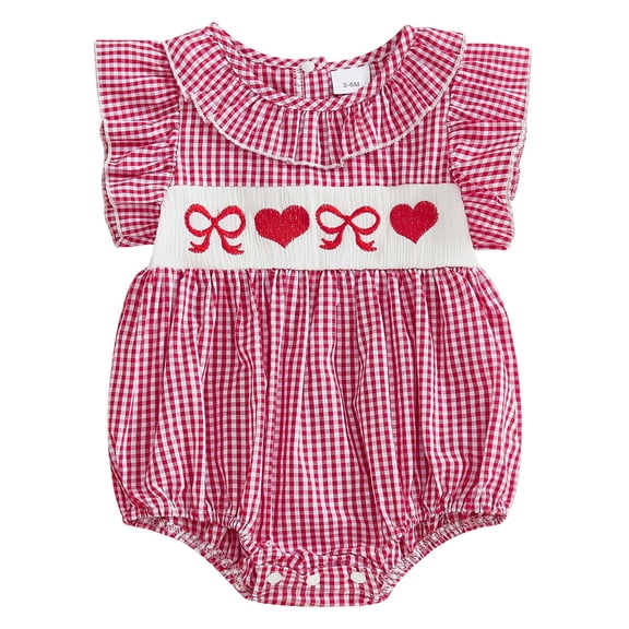 Splozh Unisex Baby Cotton Bodysuits Baby Girl Valentines Day Bubble Romper Sleeveless Toddler Heart Smocked Clothes Red,12-18 Months