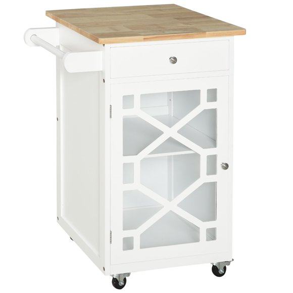 HOMCOM White Rolling Kitchen Island Cart with Drawer, Glass Door Cabinet & Adjustable Shelf, 24.8"W x 17.7"D x 33.9"H, Pine Wood & MDF, for Kitchen, Dining Room