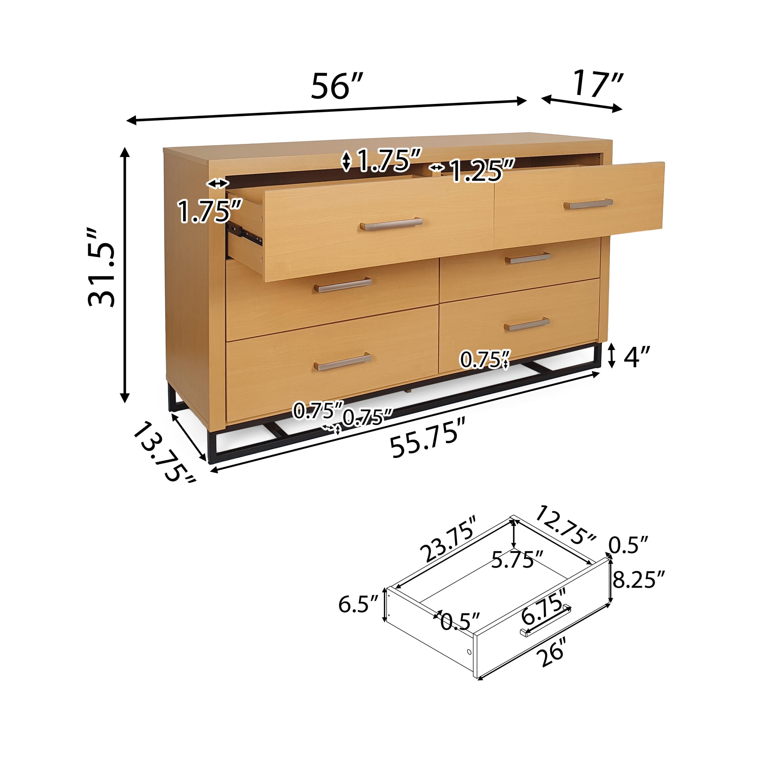 Noble House Cayuga Faux Wood 2 Piece Double Dresser and Nightstand Bedroom Set, Maple and Black