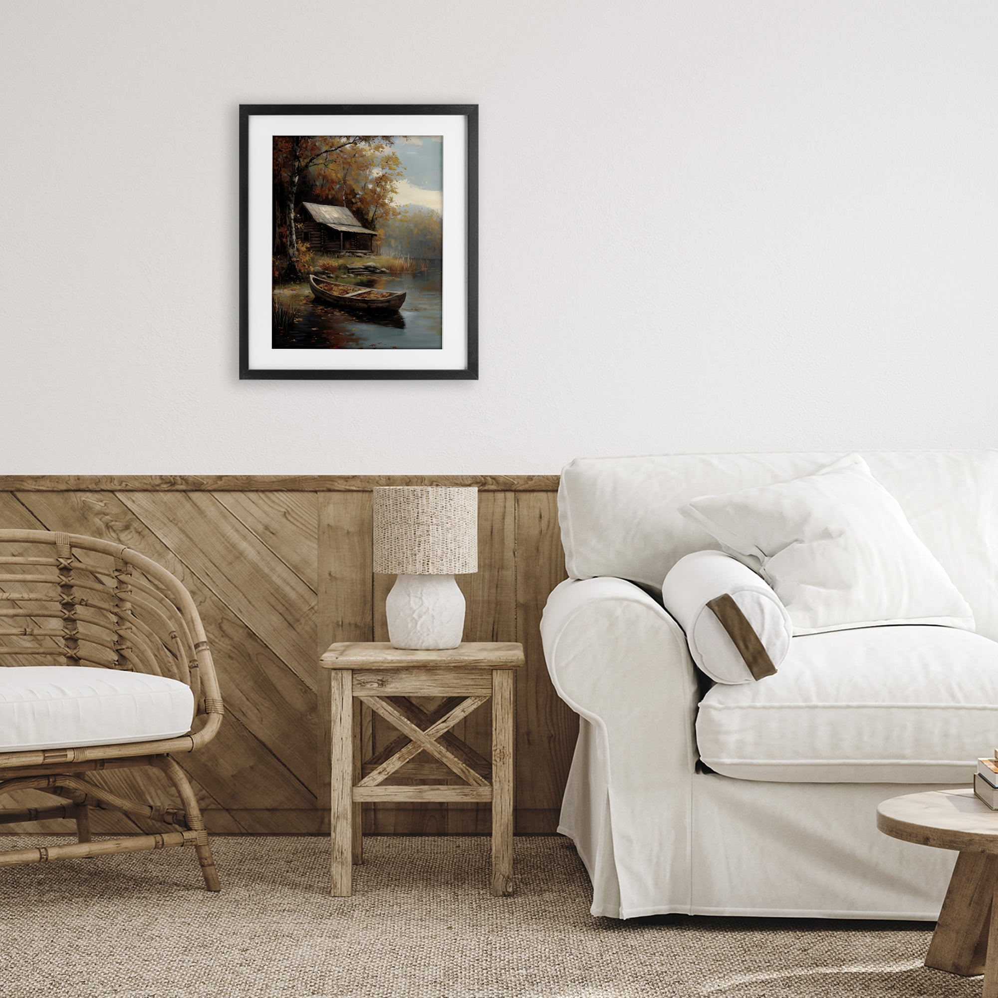 Autumn Cabin Canoe with Leaves Black Framed Print Under Glass, design by Arlington Prints