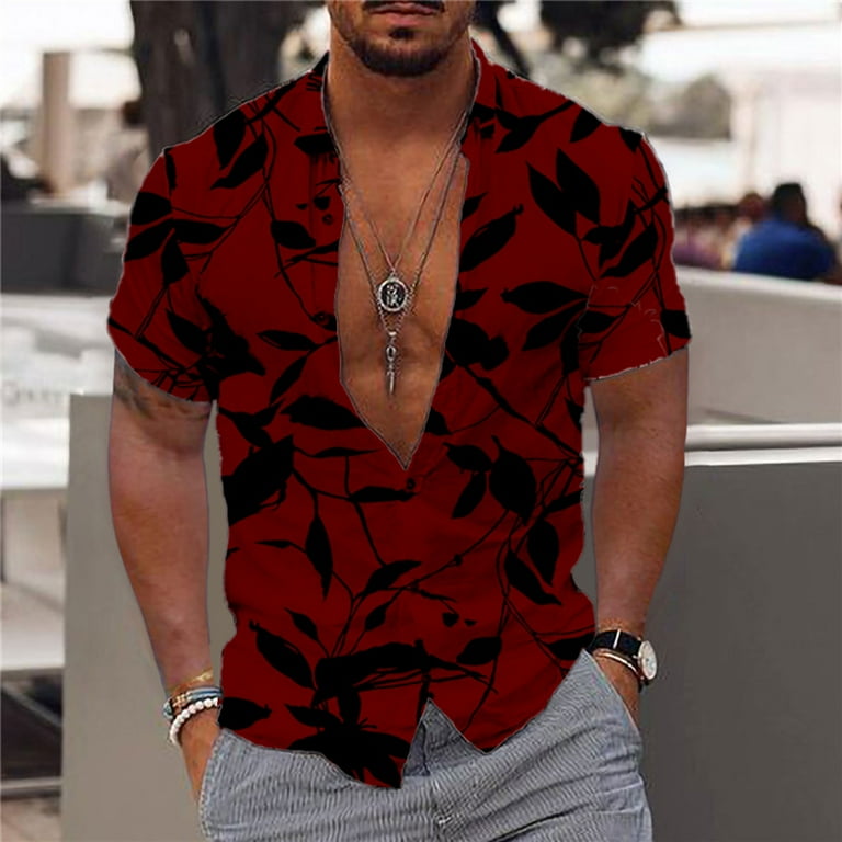Men Fashion Casual Buttons Hawaii Printing Turndown Short Sleeve Shirt  Blouse SMihono Deals Turndown collar Tees Tops Shirt for Mens Trendy 2024  Red 14 