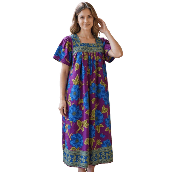 Loungees Multi-Color Border Print Muu Muu Lounge Dress with Square Neck Yoke​ | Loungees