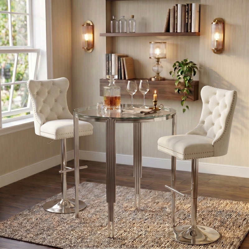 Counter Height 3-Piece Bar Table Set, 37" Round Tempered Glass Top with 2 Adjustable Velvet Bar Stools, Stainless Steel Legs, Modern Bistro Pub Set