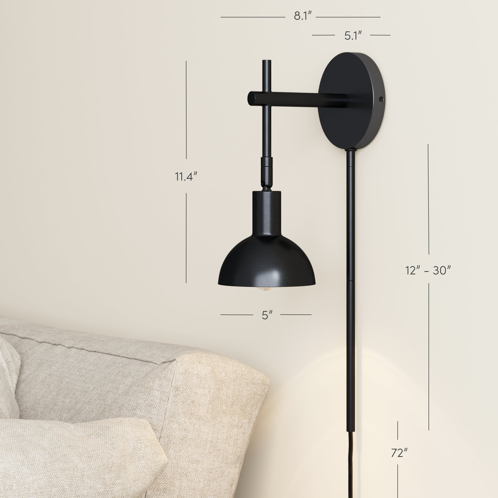 Nathan James Tamlin Wall Mounted Sconce 1-Light Fixture with Plugin and On/Off Switch for Living Room, Reading Nook or Bedroom, Matte Black