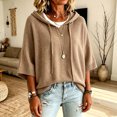 thumbnail image 5 of Women's Plus Size Hooded Knit Sweater Oversized V Neck 3/4 Batwing Sleeve Drawstring Hoodies Loose Tunic Pullover Winter Layering Tops Khaki, 5 of 5