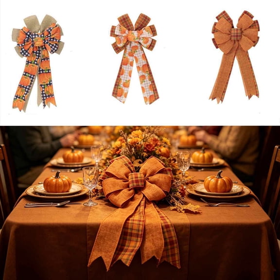 WDOBM Halloween Decorative Bows, Thanksgiving Pumpkin Wreath Bow Faux Ribbon Ornaments, Holiday Decor Bow, Satin Halloween Bows for Home Decor Indoor