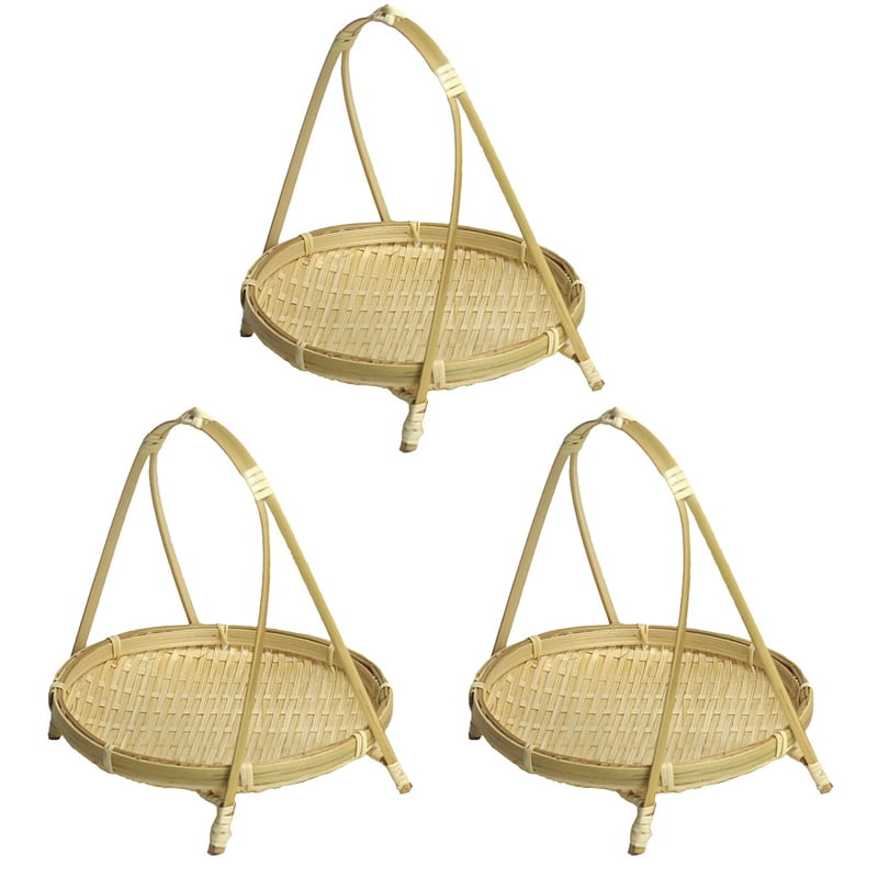 3X Bamboo Weaving Straw Baskets Tier Rack Wicker Fruit Bread Food