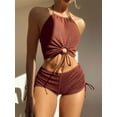 thumbnail image 3 of Efsteb Women's Bikini Sets Vintage Solid Color Backless Strap Drawstring Two Piece Bathing Suit Pleated Comfy 2 Piece Split Swimsuit (Brown,M), 3 of 7