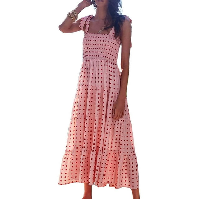 SMihono Robe Maxi Bohème d'Été pour Femmes Grande Taille Robe Sexy à Fleurs et Pois Sans Manches Col Carré Robe Longue Florale Robe de Plage