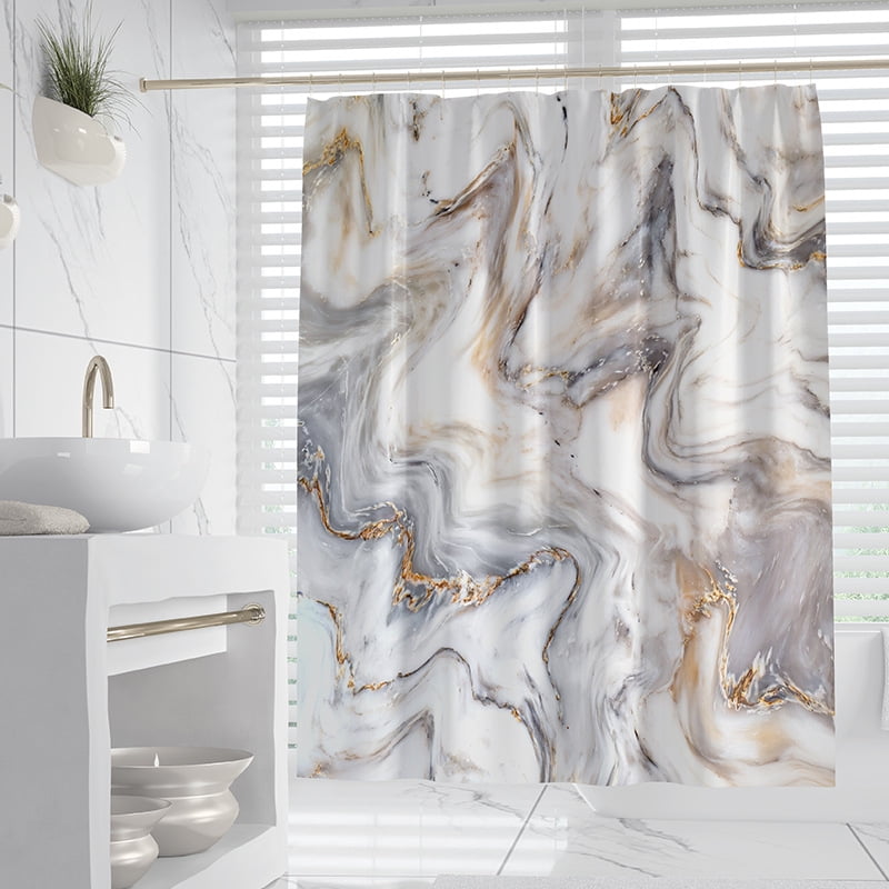 SHENDING Marble Print Shower Curtain Set with 12 Hooks, Watercolor Bath Curtain for Bathroom