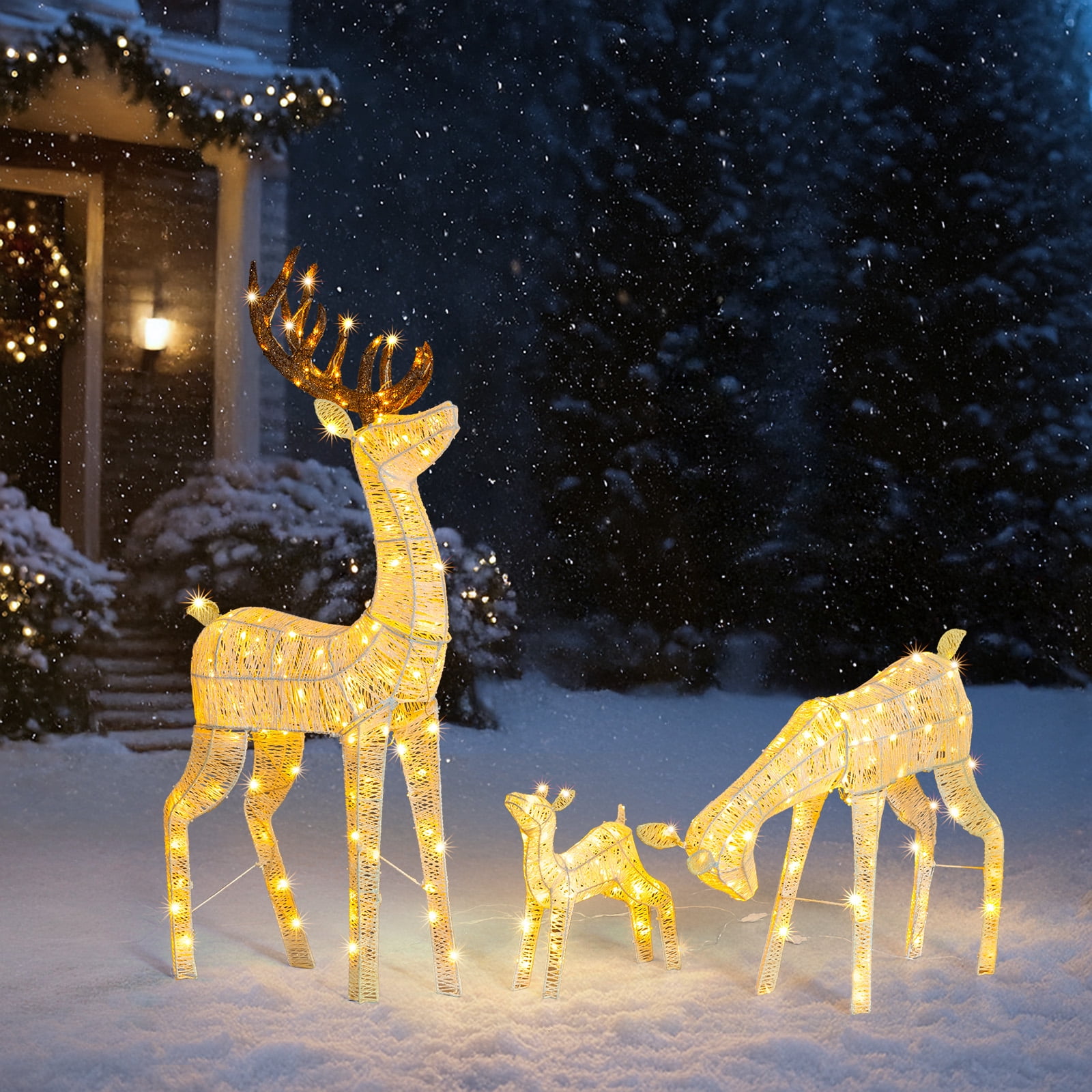 Astoutdoor 3-Piece Lighted Christmas Reindeer Family Set, Pre-Lit 280 LED Warm White Lights, White, Indoor Outdoor Holiday Decoration