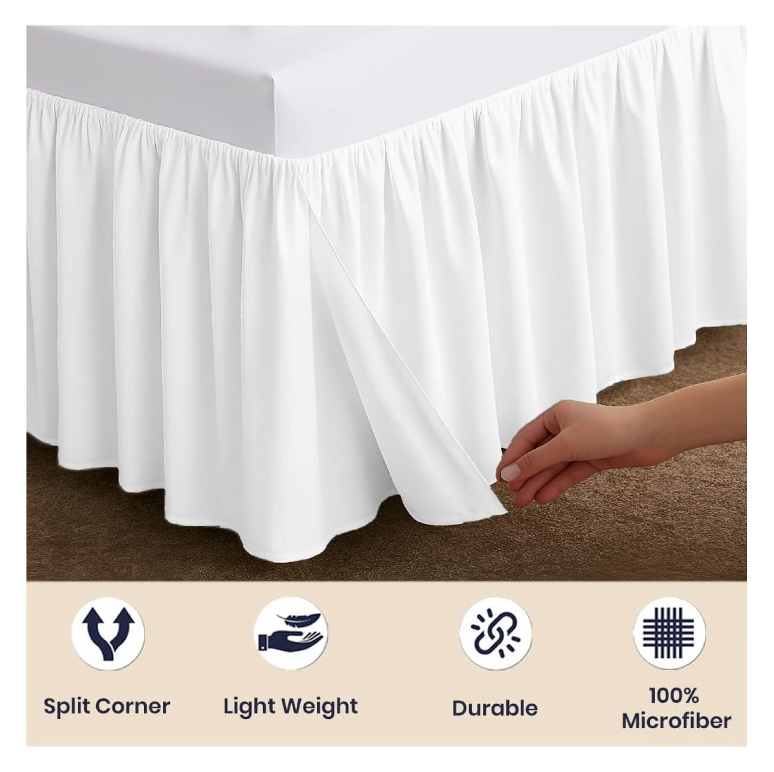 20 Inch Drop Ruffled Bed Skirt Queen Size - Classic Gathered Styling, Platform Style Dust Ruffle with Secure Fit, Split Corners, Wrinkle-Resistant Microfiber - White