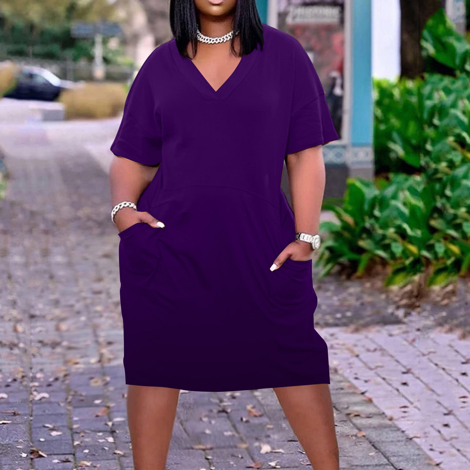 Usmixi Formal Dresses for Women Casual Size Swing Tunic Dresses with Pocket V-Neck Short Sleeve Solid Summer Midi Dress Purple XXXXL - Walmart.com