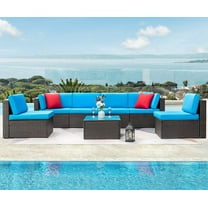 Devoko 7 Pieces Outdoor Sectional Sofa Patio Furniture Sets Manual Weaving Wicker Rattan Patio with Cushion and Glass Table, Blue
